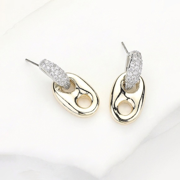 Mariner Link Earrings 14K Gold Plated With Pave Crystals - Picture 1 of 2